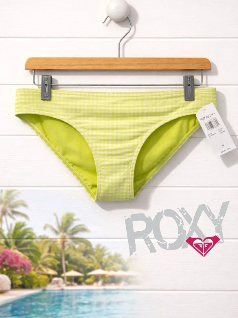 NWT Roxy Yellow Gingham Bikini Bottoms 💛 White Check Swim Size M $50 Retail